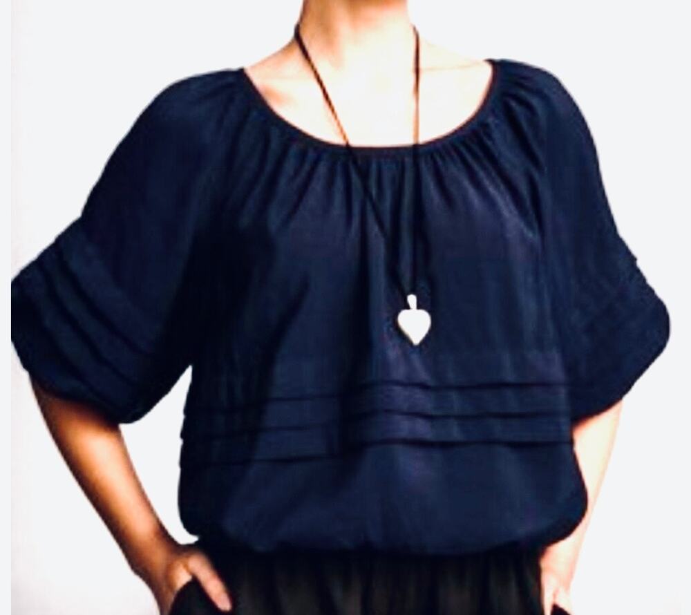 Maeve navy blue puff top small short puff sleeves crop
